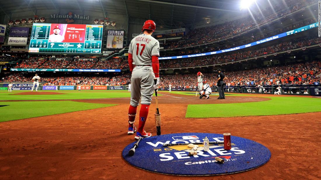 Hoskins stands in the on-deck circle during Game 1.
