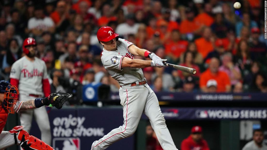 Philadelphia&#39;s J.T. Realmuto hits a solo home run in the top of the 10th inning to give the Phillies a 6-5 lead in Game 1 of the World Series on Friday, October 28. The Phillies went on to win by that score.