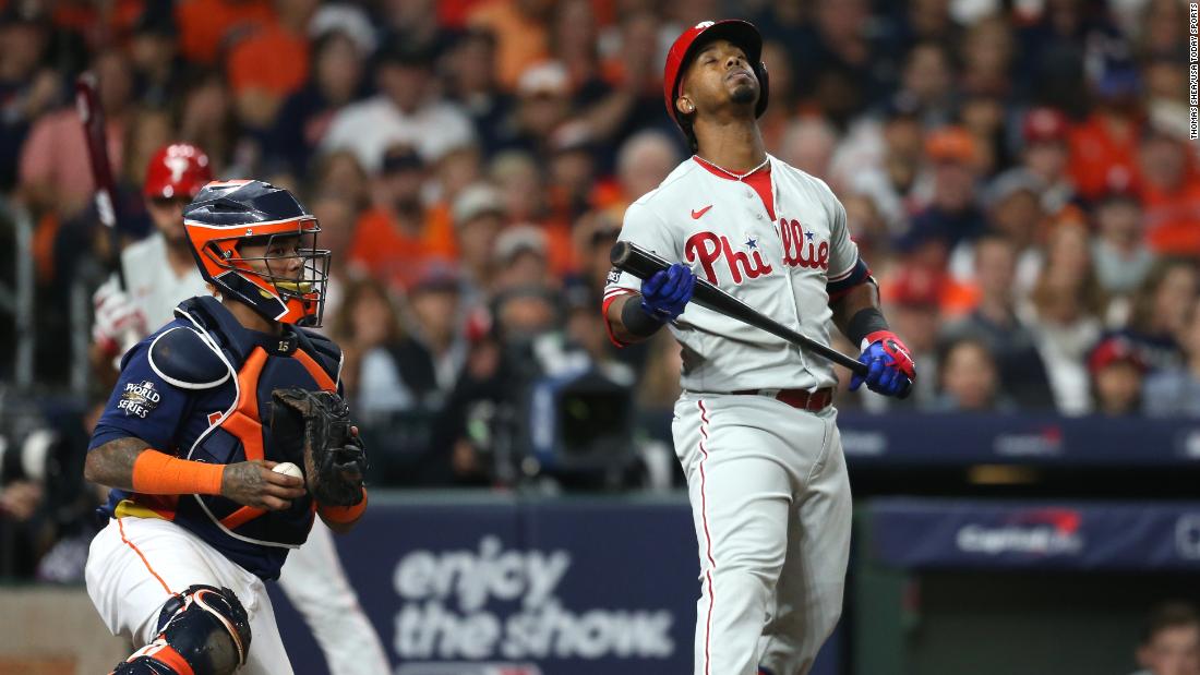 Philadelphia&#39;s Jean Segura reacts after striking out in the second inning of Game 2. Astros starter Framber Valdez frustrated the Phillies, striking out nine and allowing only four hits in 6 1/3 innings.