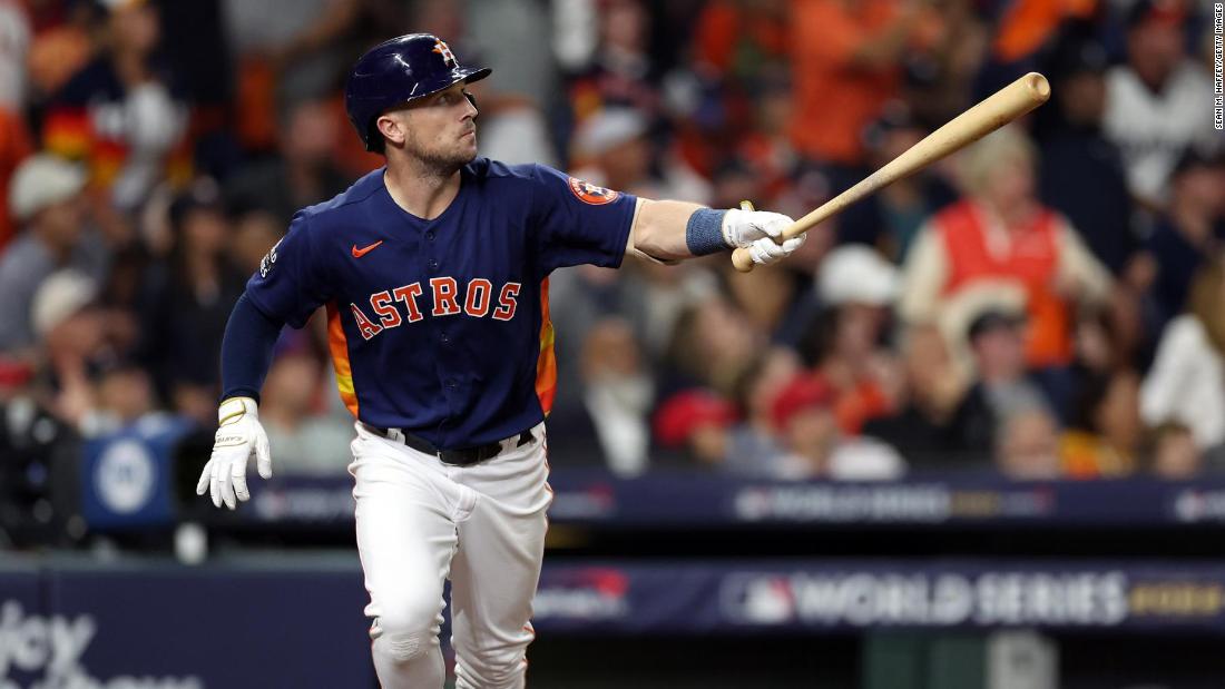 Bregman watches his fifth-inning home run clear the fences in Game 2.