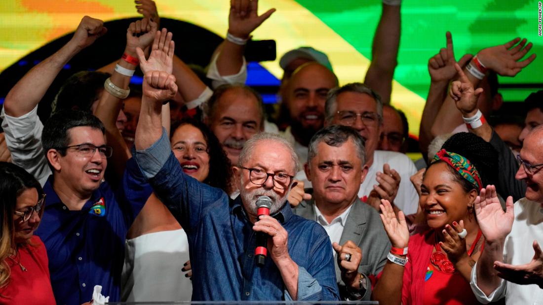 Luiz Inácio Lula da Silva raises his fist after addressing supporters in São Paulo, Brazil, on Sunday, October 30.
