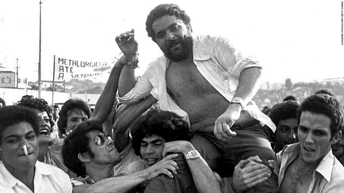 Lula is lifted by his metalworker colleagues after a union rally in São Bernardo do Campo, Brazil, in 1979. He became a metalworker in 1966 and was elected president of the metalworkers Union in 1975.