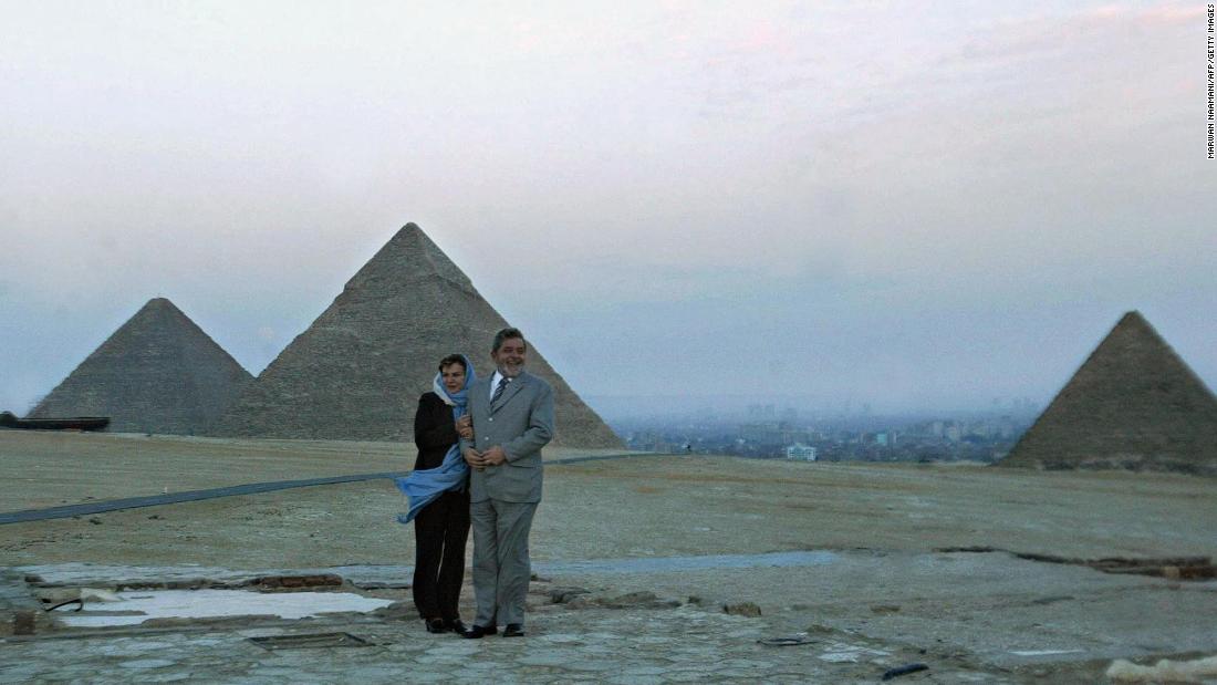 Lula and his wife Marisa pose for a picture in front of Egypt&#39;s pyramids in Giza in 2003.