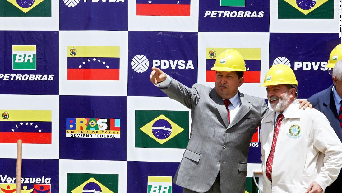 Venezuelan President Hugo Chavez speaks with Lula during the laying of the foundation stone of an oil refinery in Recife, Brazil, in 2005. The refinery would be built by the two national oil companies, Pedevesa from Venezuela and Petrobras from Brazil.
