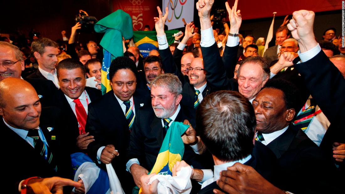Lula celebrates with members of the Brazilian Olympic delegation, including football legend Pele, in Copenhagen in 2009 after it was announced that Rio de Janeiro had won the bid to host the 2016 Summer Olympic Games.&lt;br /&gt;