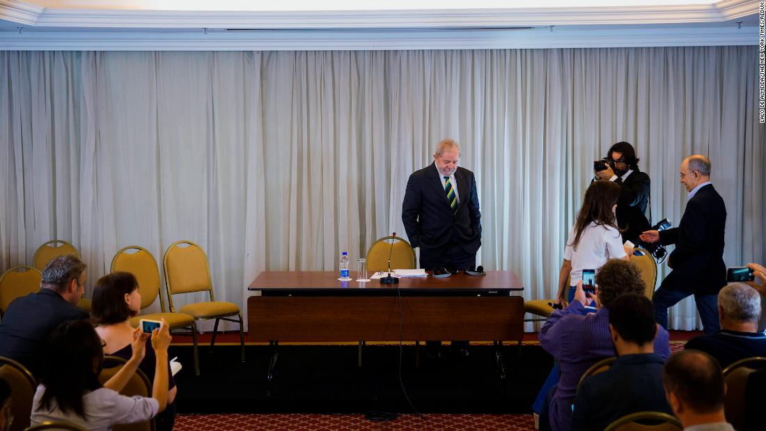 Lula attends a news conference in São Paulo in 2016. He was facing corruption charges, which eventually led to his imprisonment. The sentences were later annulled, paving the way for him to run for re-election.