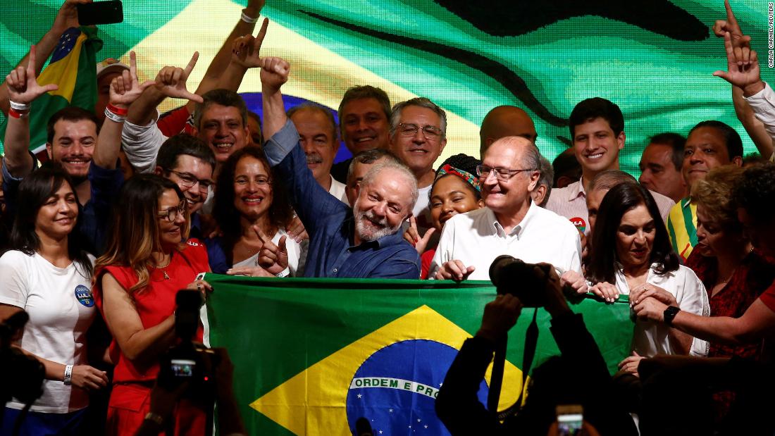 Lula celebrates with supporters in São Paulo after winning the run-off election October 30.
