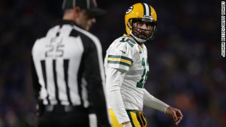 Rodgers reacts after a touchdown was called back due to a penalty during the third quarter against the Bills.