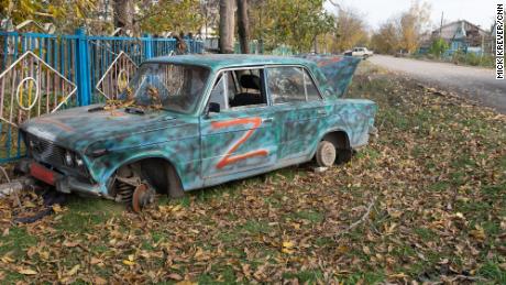 An abandoned car in a southern Ukrainian village formerly occupied by Russian forces is marked with the letter &#39;Z&#39;.