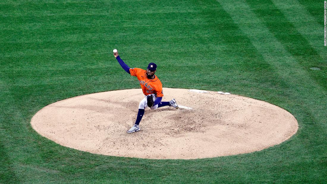 Houston&#39;s Cristian Javier pitches during Game 4. He pitched six no-hit innings before being relieved by Bryan Abreu.