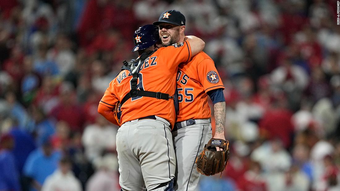 Houston relief pitcher Ryan Pressly and catcher Christian Vazquez celebrate their team&#39;s win over the Phillies during Game 4 on Wednesday, November 2. Pressly closed out the 9th inning as four Astros pitchers contributed to a no-hitter.