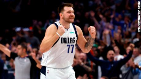Luka Doncic celebrates after making a three-pointer against the Utah Jazz.