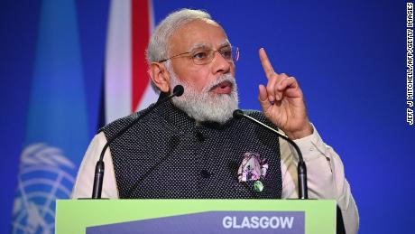 India&#39;s Prime Minister Narendra Modi speaks at the World Leaders&#39; Summit &quot;Accelerating Clean Technology Innovation and Deployment&quot; session at the COP26 Climate Conference at the Scottish Event Campus in Glasgow, Scotland on November 2, 2021.