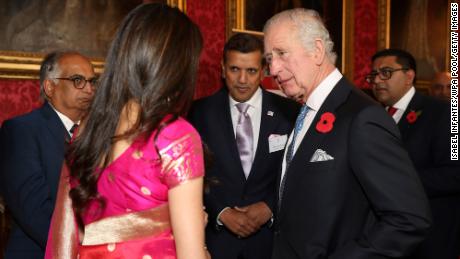 King Charles is seen at a Buckingham Palace reception marking 50 years since thousands of Ugandan Asians were resettled in Britain after being forced out by former Ugandan President Idi Amin.