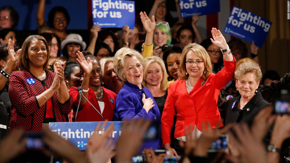 Giffords joins Democratic presidential candidate Hillary Clinton at a Women for Hillary event in New York City, one day before the New York primary in 2016.