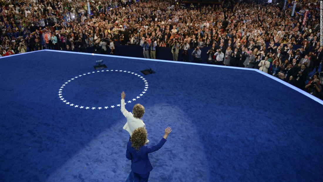 US Rep. Debbie Wasserman Schultz, head of the Democratic National Committee, joins Giffords on stage at the Democratic National Convention in September 2012.