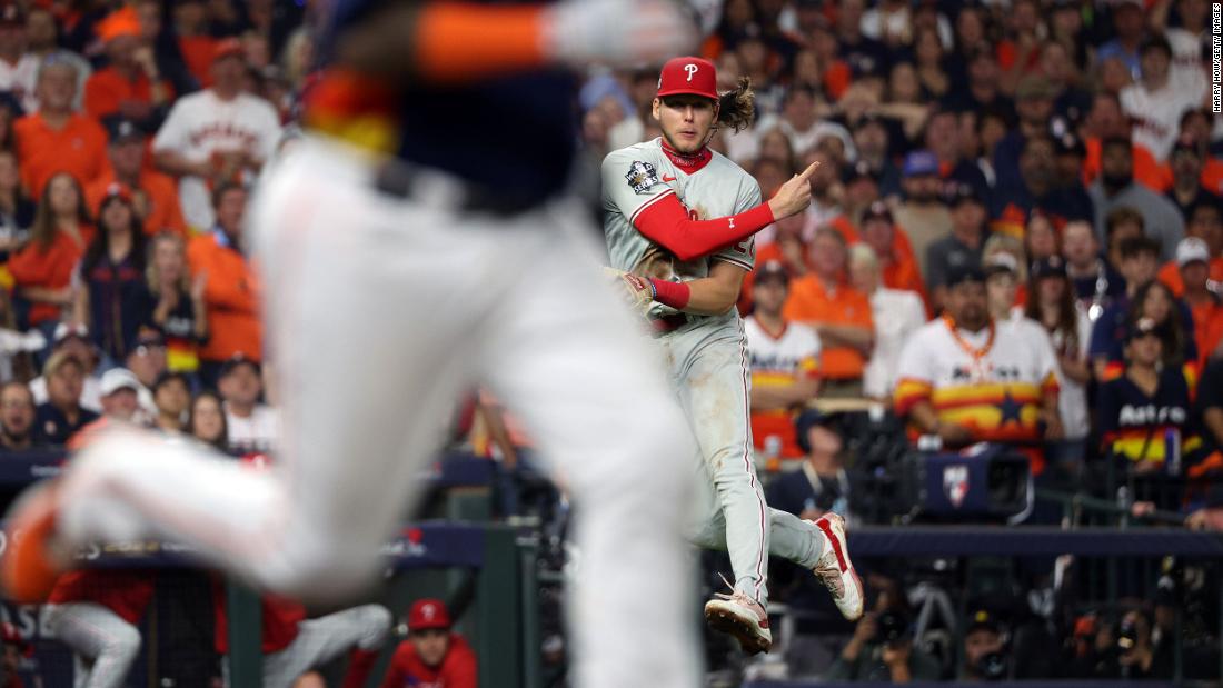 Phillies third baseman Alec Bohm throws out Houston&#39;s Martin Maldonado during the third inning of Saturday&#39;s game.