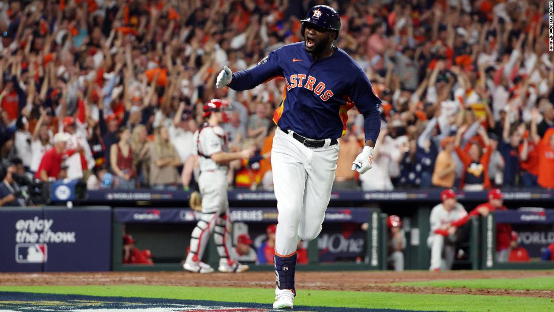 Houston&#39;s Yordan Alvarez celebrates after hitting a three-run home run during Game 6. The home run gave the Astros a 3-1 lead.