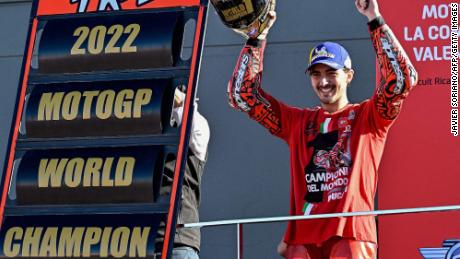 Ducati Italian rider Francesco Bagnaia celebrates as he won the World Championship&#39;s title after the Valencia MotoGP Grand Prix race at the Ricardo Tormo racetrack in Cheste, near Valencia, on November 6, 2022. (Photo by JAVIER SORIANO / AFP) (Photo by JAVIER SORIANO/AFP via Getty Images)