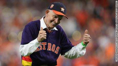 Jim McIngvale, known as &quot;Mattress Mack,&quot; throws out the first pitch prior to Game 6 of the World Series. 