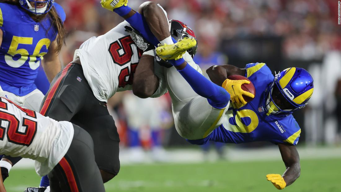 Los Angeles Rams wide receiver Brandon Powell is acrobatically tackled by Tampa Bay Buccaneers linebacker Genard Avery during the first half of their game at Raymond James Stadium. Bucs quarterback &lt;a href=&quot;https://www.cnn.com/2022/11/07/sport/tom-brady-100k-passing-yards-bucs-rams-spt-intl/index.html&quot; target=&quot;_blank&quot;&gt;Tom Brady threw a one-yard touchdown&lt;/a&gt; to tight end Cade Otton with 13 seconds left to complete a 16-13 comeback victory over the reigning Super Bowl champions. 
