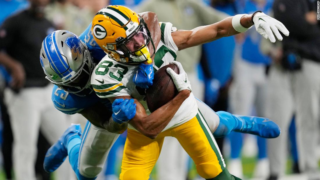 Green Bay Packers wide receiver Samori Toure is tackled by Detroit Lions safety Will Harris. The Packers lost their fourth straight game, losing to the Lions 15-9, as Aaron Rodgers threw three interceptions on the day.