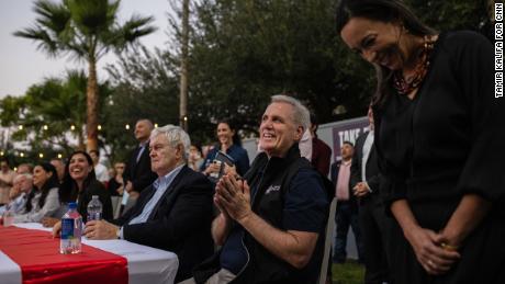 McCarthy cheers as Texas congressional candidate Monica De La Cruz is introduced during an event in McAllen on Sunday.