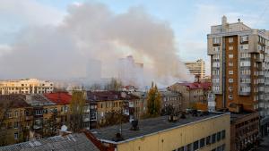 Smoke rises near a local railway administration headquarters damaged in shelling in the course of Russia-Ukraine conflict in Donetsk, Russian-controlled Ukraine, November 7, 2022. REUTERS/Alexander Ermochenko