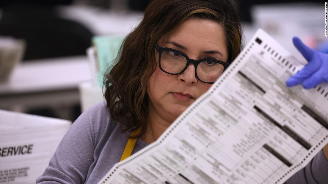 An election worker inspects a mail-in ballot in Phoenix on November 6.