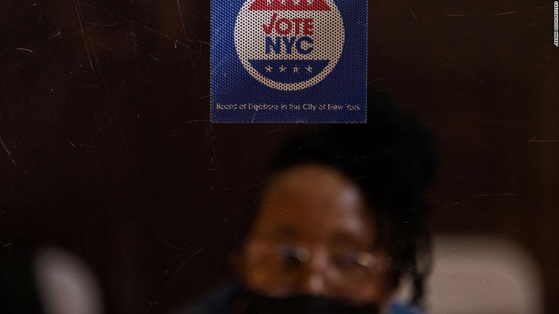 A &quot;Vote NYC&quot; sign is displayed at a polling station in Brooklyn on October 29.