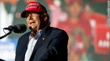 ROBSTOWN, TEXAS - OCTOBER 22: Former U.S President Donald Trump speaks at a &#39;Save America&#39; rally on October 22, 2022 in Robstown, Texas. The former president, alongside other Republican nominees and leaders held a rally where they energized supporters and voters ahead of the midterm election. 