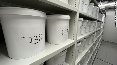 Bucket #738 -- Kirsten&#39;s brain -- sits on a shelf among the rest of the brain collection in the basement at the University of Southern Denmark in Odense.