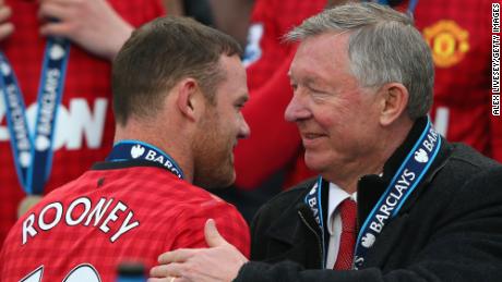 Then Manchester United manager Sir Alex Ferguson congratulates Wayne Rooney after his final Premier League title win in 2013. 