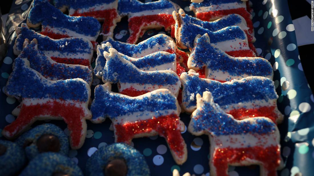 Donkey-shaped cookies are laid out by members of the Pennsylvania Democratic Party outside a polling location in Bryn Athyn.