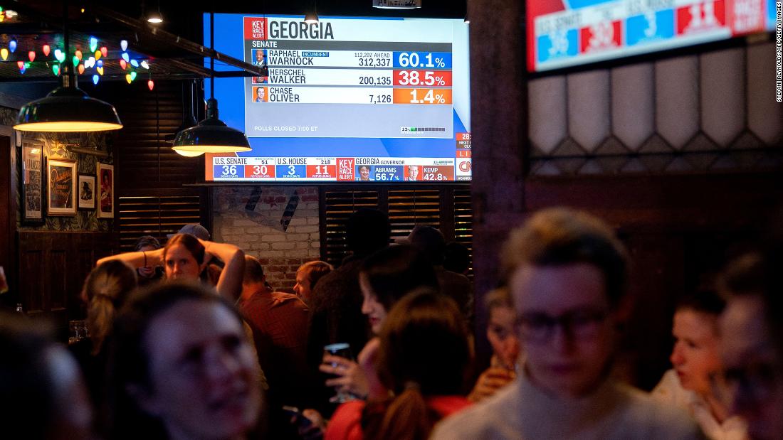 Patrons participate in election night trivia as early results come in at a bar in Washington, DC.