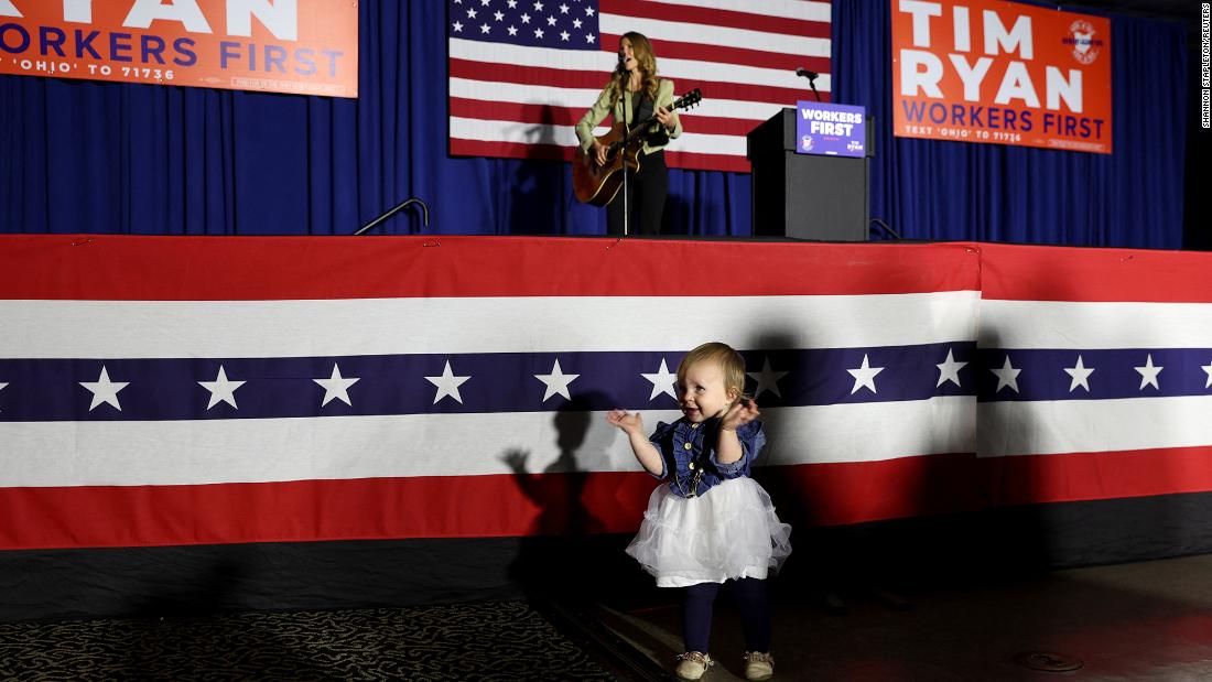 Lucy Grimes, 15 months old, plays in front of the stage at Ryan&#39;s watch party in Boardman, Ohio.