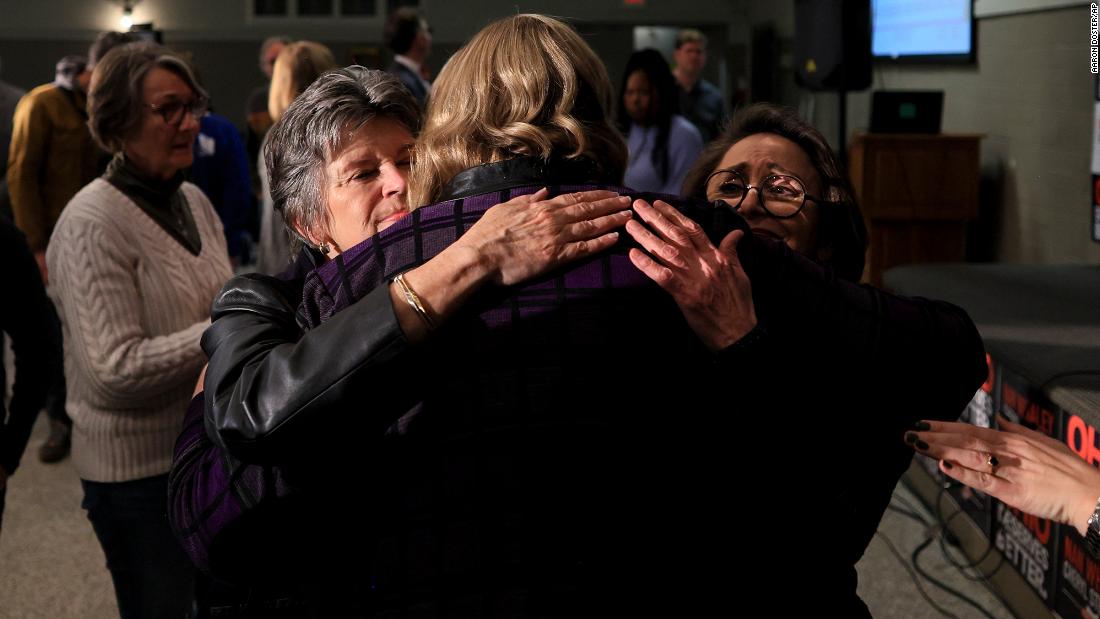 Ohio gubernatorial candidate Nan Whaley hugs supporters during an election night watch party in Dayton. &lt;a href=&quot;https://www.cnn.com/politics/live-news/midterm-election-results-livestream-voting-11-08-2022/h_6dab3e1f3532b3062bc489d6ab42108d&quot; target=&quot;_blank&quot;&gt;Whaley, a Democrat, lost to Gov. Mike DeWine, CNN projected.&lt;/a&gt;