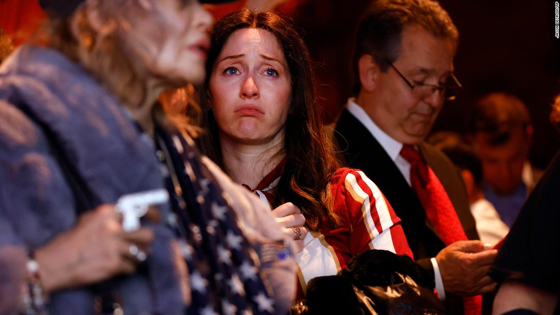 A supporter of Lee Zeldin, the Republican gubernatorial candidate in New York, reacts Tuesday after &lt;a href=&quot;https://www.cnn.com/politics/live-news/midterm-election-results-livestream-voting-11-08-2022/h_1bed4b0f5852d93752bb8dad767f837d&quot; target=&quot;_blank&quot;&gt;it was projected that Zeldin would lose to Kathy Hochul.&lt;/a&gt;