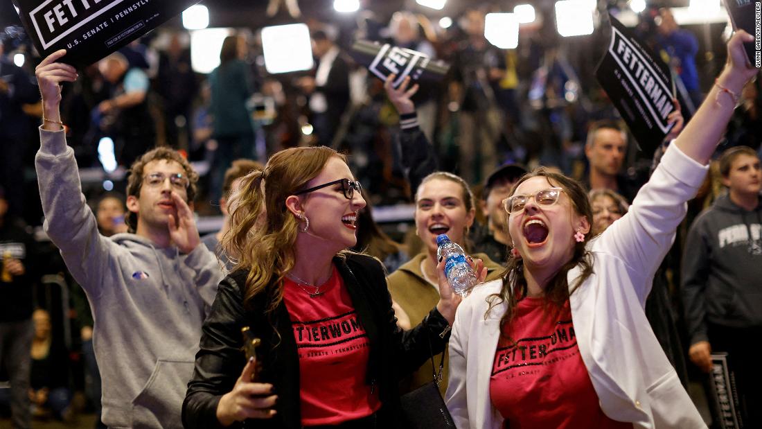 Supporters of Fetterman and Josh Shapiro, the Democratic gubernatorial candidate in Pennsylvania, react in Pittsburgh as they watch news of &lt;a href=&quot;https://www.cnn.com/politics/live-news/midterm-election-results-livestream-voting-11-08-2022/h_2fe9300f11d2616144551c2abbce38a4&quot; target=&quot;_blank&quot;&gt;Shapiro&#39;s projected victory.&lt;/a&gt; 
