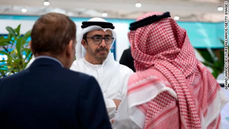 UAE Minister of Foreign Affairs and International Cooperation Sheikh Abdullah bin Zayed bin Sultan Al Nahyan visits the Saudi booth during the COP27 climate summit in Egypt&#39;s Sharm el-Sheikh on Thursday. 