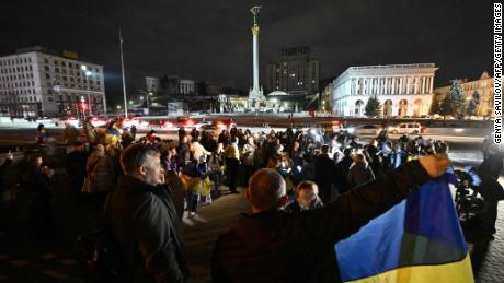 People gathered in Maidan Square to celebrate the liberation of Kherson, in the capital, Kyiv, on Friday.