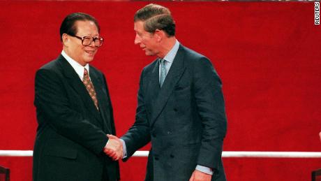 Chinese leader Jiang Zemin shakes hands with Prince Charles at the handover ceremony of Hong Kong to Chinese rule on July 1, 1997.