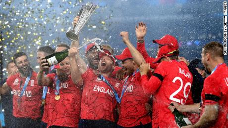 England celebrate with the ICC Men&#39;s T20 World Cup Trophy.