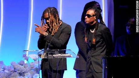 Offset repeatedly breaks down Friday during Takeoff&#39;s memorial service at Atlanta&#39;s State Farm Arena. 