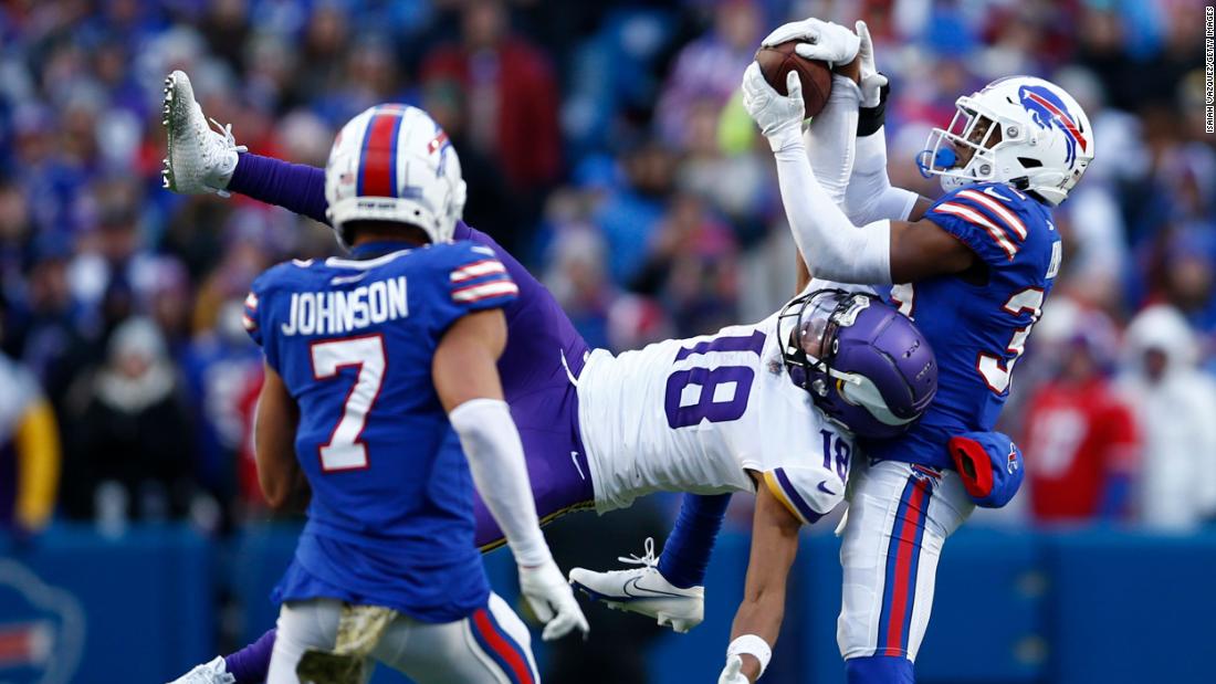 Justin Jefferson catches arguably the pass of the year in front of the Bills&#39; Cam Lewis during the fourth quarter at Highmark Stadium in Buffalo. Jefferson had a monster afternoon — finishing with 10 catches, 193 receiving yards and a touchdown — as the Vikings stunned the Bills 33-30 in overtime to go to 8-1 on the year. 