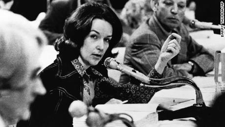 Kanawha County Board of Education member Alice Moore makes one of many motions that were defeated Nov. 8, 1975 in Charleston as the board voted to return most of the disputed school books to the classrooms. (AP Photo/Barry Thumma)