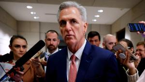 WASHINGTON, DC - NOVEMBER 15: House Minority Leader Kevin McCarthy (R-CA) talks briefly with reporters before heading into House Republican caucus leadership elections in the U.S. Capitol Visitors Center on November 15, 2022 in Washington, DC. McCarthy is expected to be elected leader of the caucus, paving the way for his election to Speaker of the House if the GOP wins control of the House of Representatives. (Photo by Chip Somodevilla/Getty Images)