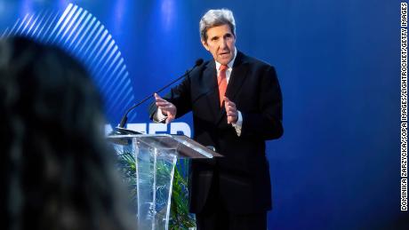 US climate envoy John Kerry speaks in the US Center Pavilion this week during the COP27 UN climate summit.