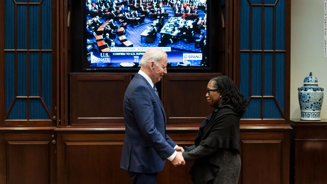 Biden holds hands with &lt;a href=&quot;https://www.cnn.com/2022/02/25/politics/gallery/ketanji-brown-jackson/index.html&quot; target=&quot;_blank&quot;&gt;Ketanji Brown Jackson&lt;/a&gt; as the Senate votes on her nomination to the US Supreme Court in April 2022. Jackson was confirmed and made history as &lt;a href=&quot;https://www.cnn.com/2022/06/30/politics/who-is-justice-ketanji-brown-jackson/index.html&quot; target=&quot;_blank&quot;&gt;the first Black woman on the court&lt;/a&gt;.