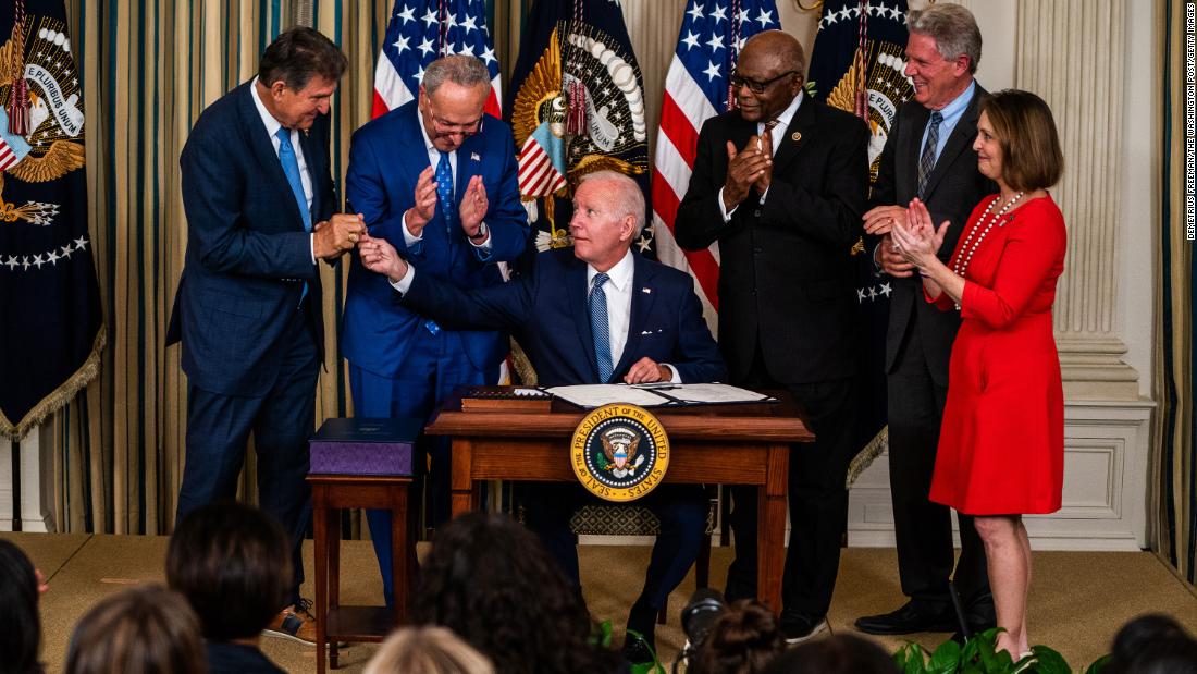 Biden hands West Virginia Sen. Joe Manchin the pen used to sign the &lt;a href=&quot;https://www.cnn.com/2022/08/16/politics/biden-inflation-reduction-act-signing/index.html&quot; target=&quot;_blank&quot;&gt;Inflation Reduction Act&lt;/a&gt; at the White House in August 2022. Also pictured from left are Senate Majority Leader Chuck Schumer, House Majority Whip Rep. Jim Clyburn, New Jersey Rep. Frank Pallone and Florida Rep. Kathy Castor. 